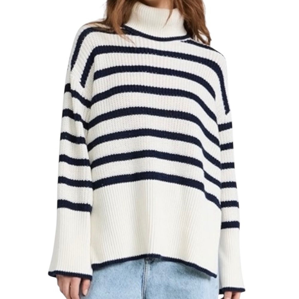 AMO Topanga Cotton Alpaca Stripe Turtleneck Side Slit Pullover Sweater